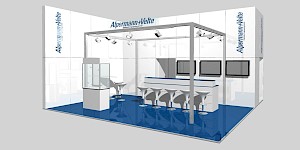 CAD-Visualisierung: Perspektivische Ansicht eines Messestands für die Firma Alpermann+Velte Electronic Engineering GmbH in Weiß mit kräftig blauem, spiegelndem Boden. Auf der weißen Rückwand und den seitlichen Pfeilern steht in Blau der Firmenname Alpermann+Velte. Ein umlaufender Metallrahmen an der Decke trägt mehrere Scheinwerfer. Links steht eine hohe, durchsichtige Glasvitrine, durch die man hindurchsehen kann. In der Mitte eine Bartheke mit blauer Deckplatte und weißen Barhockern, an der Wand rechts drei Flachbildschirme. CAD-Visualisierung erstellt von Torsten Kraus.