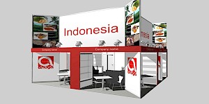CAD-Visualisierung: Frontalansicht eines Messestands für die teilnehmenden Länder der Anuga, hier für Indonesien, in Rot, Weiß und Grau gehalten. Auf der großen weißen Rückwand steht in roter Schrift „Indonesia". Seitlich zeigen Fotocollagen indonesische Lebensmittel wie Gewürze, Fisch, Obst und Kakaobohnen. Mehrere silberne Spots sind auf einer roten Blende montiert und werfen deutlich sichtbare Schatten auf die Wand; auf der Blende wiederholt sich der Platzhaltertext „Company name". Darunter mehrere offene Kojen mit weißen Besprechungstischen und Stühlen, weißen Regalen und dem roten Anuga-Logo mit stilisiertem Globus. CAD-Visualisierung erstellt von Torsten Kraus.