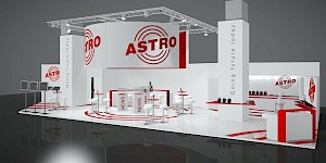 CAD-Visualisierung: Perspektivische Gesamtansicht eines Messestands für die Firma ASTRO, gehalten in Weiß und Grau mit kräftigen roten Akzenten. Über dem Stand hängt eine dreieckige Traverse mit Scheinwerfern. Die Rückwand trägt ein großes ASTRO-Logo mit konzentrischen Kreisen, an den weißen Pfeilern steht vertikal der Schriftzug „Going future today.". Im Mittelbereich stehen weiße Barhocker an runden Stehtischen sowie würfelförmige Theken mit der Aufschrift NEWS, umgeben von roten konzentrischen Kreisen auf dem glänzenden weißen Boden, der den Stand spiegelt. Rechts ein Empfangs- und Präsentationsbereich mit weiterem ASTRO-Logo. CAD-Visualisierung erstellt von Torsten Kraus.