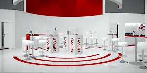 CAD-Visualisierung: Blick in den Lounge- und Barbereich eines Messestands für die Firma ASTRO in Weiß mit roten Akzenten und einem roten Deckensegel im Hintergrund. Um mehrere würfelförmige Theken mit der Aufschrift NEWS gruppieren sich weiße gepolsterte Barhocker und runde Stehtische. Auf dem stark spiegelnden weißen Boden verlaufen rote konzentrische Halbkreise. Rechts öffnet sich ein Barbereich mit dem ASTRO-Logo an der Wand. CAD-Visualisierung erstellt von Torsten Kraus.