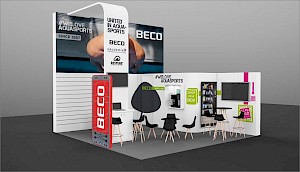 CAD-Visualisierung: Perspektivische Ansicht eines Messestands für die Firma Beco auf der Messe Aquanale 2025 in Weiß mit dunkelblauen und schwarzen Bildflächen sowie roten und grünen Akzenten. Die Rückwand zeigt ein großes Foto vom Rücken eines Schwimmers am Beckenrand, dazu die Schriftzüge „United in Aquasports", „#WELOVE AQUASPORTS – SINCE 1927" und das BECO-Logo. Im Vordergrund eine rote, an ein Smartphone erinnernde Werbesäule mit BECO-Logo. Rechts ein Automat mit der Aufschrift Shop in a Box, ein Monitor und ein grünes Feld mit dem Text Scan and Collect samt QR-Code. Davor schwarze Stühle mit hellen Holzbeinen und Barhocker. CAD-Visualisierung erstellt von Torsten Kraus.