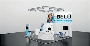 CAD-Visualisierung: Perspektivische Ansicht eines Messestands für die Firma Beco auf der Messe Ispo 2020 in Weiß und Blau. Über dem Stand hängt eine quadratische Traverse mit Scheinwerfern. Die Rückwand kombiniert ein Foto mehrerer Personen im Wasser mit dem Foto eines Schwimmers sowie das BECO-Logo und den Schriftzug „#WE LOVE AQUASPORTS". Rechts eine Wand in weißer Holzoptik mit Monitor, davor eine weiße Slatwall mit BECO-Sealife-Logo, eine blaue Stele mit Monitor und BECO-Logo sowie eine blaue Stele mit der Aufschrift Aquatic Fitness. Blaue Regiestühle mit BECO-Aufdruck stehen an einem Stehtisch. CAD-Visualisierung erstellt von Torsten Kraus.
