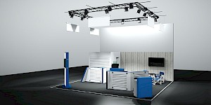 CAD-Visualisierung: Perspektivische Ansicht eines weitgehend schlicht gehaltenen Messestands für die Firma Beco auf der Messe Ispo 2020 in Weiß und Blau. Über dem Stand hängt eine quadratische Traverse mit schwarzen Scheinwerfern, darunter mehrere weiße Deckensegel. Die Wände sind überwiegend weiß, rechts eine Fläche in Holzoptik mit Monitor. Im Raum stehen weiß-blaue Warenträger mit Slatwall-Flächen sowie eine hohe blau-weiße Stele. Links eine schmale blaue Stele, im Hintergrund blaue Regiestühle. Der Boden ist dunkel gehalten. CAD-Visualisierung erstellt von Torsten Kraus.