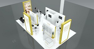 CAD-Visualisierung: Erhöhte Übersichtsansicht eines Messestands für die Firma CFB Cosmetics in Weiß mit goldfarbenen Rahmen. Von oben sind mehrere goldgerahmte Leuchtstelen mit dem ornamentalen CFB-Cosmetics-Logo und dem Foto einer blonden Frau zu erkennen. Im Inneren weiße Regale mit Fächern, abgetrennte kleine Räume, weiße Theken, Barhocker und ein schwarzer Studioscheinwerfer auf Stativ. Eine graue Personenfigur dient als Maßstab. CAD-Visualisierung erstellt von Torsten Kraus.