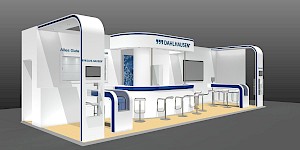 CAD-Visualisierung: Perspektivische Ansicht eines Messestands für die Firma Dahlhausen in Weiß mit blauen Akzenten. Geschwungene weiße Torbögen mit blauen Kanten rahmen den Stand. In der Mitte eine erhöhte runde Theke mit blauer Blende und dem DAHLHAUSEN-Logo, dazu Wandflächen mit blauem Blasenmuster und ein Monitor. An der linken Wand steht in Blau der Schriftzug „Alles Gute fürs Krankenhaus". Um die runde Theke stehen zahlreiche Barhocker auf hellem Holzboden. CAD-Visualisierung erstellt von Torsten Kraus.