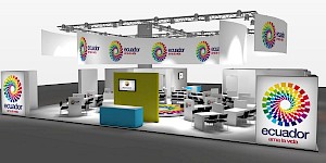 CAD-Visualisierung: Perspektivische Ansicht eines Messestands für das Land Ecuador, Auftritt von ProEcuador, in Weiß mit bunten Akzenten. Über dem Stand hängt eine geschwungene Traverse mit einer umlaufenden Blende, auf der mehrfach das farbenfrohe Logo ecuador ama la vida mit einer spiralförmigen Farbrosette zu sehen ist. Große beleuchtete Wandflächen zeigen dasselbe Logo. Im Inneren zahlreiche weiße Beratungstische mit schwarzen Stühlen, ein olivgrüner Block mit Monitor und PRO-ECUADOR-Logo, eine türkisfarbene Theke sowie ein kreisrundes Bodengrafik-Element in Regenbogenfarben. CAD-Visualisierung erstellt von Torsten Kraus.