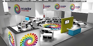 CAD-Visualisierung: Perspektivischer Blick in den Innenbereich eines Messestands für das Land Ecuador, Auftritt von ProEcuador, in Weiß mit bunten Akzenten. An der oberen Wandblende wiederholt sich das Logo ecuador ama la vida mit spiralförmiger Farbrosette. Der Stand ist in zahlreiche Beratungsbereiche mit weißen Tischen und schwarzen Stühlen gegliedert. In der Mitte ein olivgrüner Block mit Monitor und PRO-ECUADOR-Logo, davor eine türkisfarbene Theke und ein großes kreisrundes Bodenelement in Regenbogenfarben. Links eine beleuchtete Wand mit dem Logo. CAD-Visualisierung erstellt von Torsten Kraus.