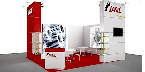 CAD-Visualisierung: Perspektivische Ansicht eines Messestands für die Firma Jasil, Marke Top Racing, in Rot und Weiß. Ein roter Turm links und ein weißer Turm rechts tragen jeweils das JASIL-Logo mit Zahnrad-Motiv. Auf der Rückwand ein großformatiges Foto von Zahnrädern sowie ein weiteres Foto eines Motorbauteils. Durchsichtige Glasregale zeigen kleine gelbe Produkte. In der Mitte eine weiße Theke mit JASIL-Logo, weiße Tische mit Stühlen und ein Monitor; der Boden ist mit rotem Teppich ausgelegt. CAD-Visualisierung erstellt von Torsten Kraus.