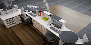 CAD-Visualisierung: Aufsicht auf eine Objekteinrichtung ohne Messebezug, in Weiß und Dunkelgrau. Eine lange Thekenzeile mit zwei Arbeitsplätzen ist mit Monitoren, Tastaturen, Telefonen und Ordnern in Rot, Grün und Gelb ausgestattet; darunter Schubladen und offene Ablagefächer. Zwei graue Personenfiguren, eine sitzend am Arbeitsplatz, eine stehend, dienen als Maßstab. Der Boden kombiniert dunkles Holz mit grauem Teppich. CAD-Visualisierung erstellt von Torsten Kraus.