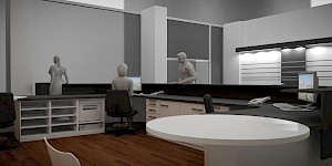 CAD-Visualisierung: Perspektivischer Innenraum-Blick auf eine Objekteinrichtung ohne Messebezug, in Weiß, Beige und Dunkelgrau. Eine geschwungene Thekenzeile mit Arbeitsplätzen, Monitoren und offenen Ablagefächern zieht sich durch den Raum, dahinter eine hinterleuchtete Regalwand. Im Vordergrund ein runder weißer Tisch, dazu schwarze Bürostühle. Drei graue Personenfiguren dienen als Maßstab, der Boden ist in dunkler Holzoptik gehalten. CAD-Visualisierung erstellt von Torsten Kraus.