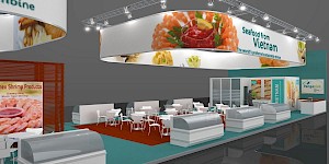 CAD-Visualisierung: Blick in den Sitz- und Präsentationsbereich eines Messestands für Pangasius, Seafood aus Vietnam, in Weiß mit orangefarbenem Teppich. Über dem Bereich hängt ein ovaler Leuchtkörper mit einem Foto einer Garnelenplatte und dem Schriftzug „Seafood from Vietnam", darüber eine Traverse mit Scheinwerfern. Weiße Tische mit Stühlen stehen auf orangefarbenem Teppich, davor weiße Kühltheken mit durchsichtigen Glashauben. Links eine beleuchtete Tafel mit Garnelenprodukten, rechts Wandelemente mit den Schriftzügen VIETNAM und Pangasius. CAD-Visualisierung erstellt von Torsten Kraus.